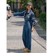 拉夏貝爾（La Chapelle）ootd穿搭休閑好看牛仔連體褲女春秋2025新款酷帥工裝連身衣褲套裝 藍色 S 【91-105斤】