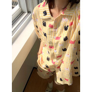 A類(lèi)全棉100%純棉嬰兒雙層紗布睡衣女2025夏季新款短袖家居服套裝 黃色條紋貓咪（翻領(lǐng)短袖短褲） M 【建議120斤以?xún)?】