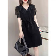 赫本風(fēng)格黑色褶邊網(wǎng)眼拼接腰優(yōu)雅連衣裙女裝歐洲站2023夏季新風(fēng)格 圖片色 XL