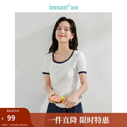 茵曼（INMAN）撞色羅紋棉女裝U領(lǐng)短袖T恤修身氣質(zhì)通勤2025夏季新款短款上衣 牙白色-新 S