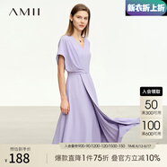 AMII2025夏新款V領(lǐng)解構不對稱(chēng)收褶連衣裙女荷葉袖短袖收腰小黑裙 香芋紫 160/84A/M