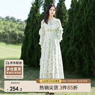 尚都比拉春秋度假風(fēng)碎花連衣裙系帶鏤空?qǐng)A領(lǐng)花邊袖子直筒裙子 淡綠色 L 