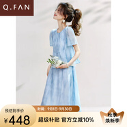 恰凡（QIAFAN）2025夏季新款別致漂亮暈染短袖連衣裙洋氣寬松假兩件小個(gè)子裙子女 海島藍暈染連衣裙 M