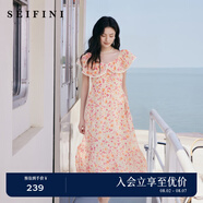 詩(shī)凡黎（'SEIFINI）【灼灼桃花】詩(shī)凡黎粉色碎花軟感荷葉邊吊帶裙娃娃領(lǐng)海邊度假裙女 粉色荷葉領(lǐng) S 155/80A