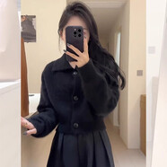 皮爾卡丹（pierre cardin）灰色軟糯馬海毛短款毛衣開衫女秋冬小個子加厚針織外套翻領(lǐng)上衣 黑色[冬天衣服穿搭/設(shè)計感小眾/ XS