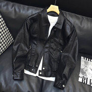高端皮衣夾克男士秋冬季加絨加厚潮牌痞帥休閑外套短款翻領(lǐng)機車(chē)服 黑色 L 建議125斤左右穿