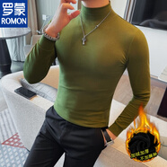羅蒙（ROMON）半高領(lǐng)長(cháng)袖t恤男秋冬季加絨加厚保暖體恤上衣彈力修身中領(lǐng)打底衫 軍綠色 加絨 M (95-110斤)