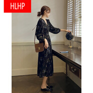 HLHP法式收腰加絨加厚長(cháng)袖連衣裙女春秋冬2025新款感雪紡碎花裙子 黑色 連衣裙 S