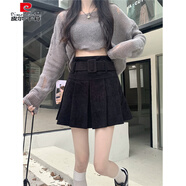 皮爾卡丹大碼胖mm2025秋裝女款裙子冬裝百搭燈芯絨百褶短裙高腰顯瘦半身裙 黑色A款 S 【建議80-90斤】