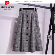 皮爾卡丹大d碼女裝秋冬a字松緊腰中長款格子毛呢200斤加肥加大胖m妹半身裙 灰色 L (建議90-120斤)