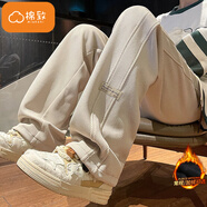 棉致直筒褲子女秋冬季新款寬松高腰闊腿運動(dòng)休閑褲女士衛褲加厚加絨 杏色【X329常規高品質(zhì)18】 XL 120-140斤