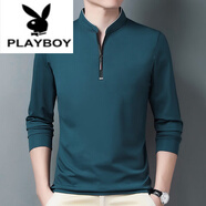 花花公子（PLAYBOY）純棉長袖T恤男休閑薄 款體恤上衣夏春秋冬季中年男裝立領(lǐng)打底 長袖6623寶蘭 薄款 L 170建議120-140斤