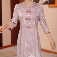 收腰顯瘦連衣裙秋裝女2025年新款高級織錦花鑼改良旗袍連衣裙2025 粉紅色 M 【建議80-100斤b