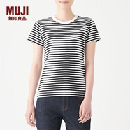 無(wú)印良品 MUJI 女式 雙羅紋編織 圓領(lǐng)短袖T恤（條紋）W9SB259 黑色X橫條 XS