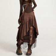 妹丫蕾絲拼接不規則麂皮絨半身裙女2026春季高腰百搭A字裙長(cháng)裙子顯瘦 咖色 S