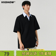 viishow夏季拼接假兩件短袖POLO衫男女潮牌寬松情侶休閑百搭T恤 黑色 M