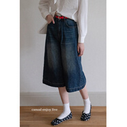 EGGKA深藍水洗復古寬松闊腿七分牛仔褲高腰直筒休閑褲E25B1067AF 深藍色(贈送紅色皮帶) S