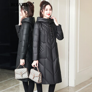 ROWILUX羅威奢品品牌真皮羽絨服女中長(zhǎng)款23秋季風(fēng)衣大衣韓版連帽皮衣外套 黑色 M 95-108斤左右