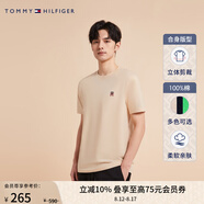 TOMMY HILFIGER【純色合身】夏季男裝純棉平紋潮流休閑刺繡打底短袖T恤上衣30054 淺卡其色AF6 L (推薦：150-165斤)