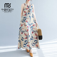 莫代爾簡(jiǎn)約時(shí)尚連衣裙女波西米亞夏季新款加肥加大無(wú)袖圓領(lǐng)印花中長(cháng)裙 葉子花 L 110-125斤
