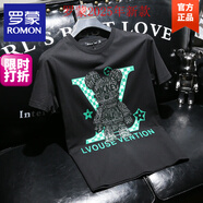 羅蒙（ROMON）新款高端休閑歐洲站T恤男短袖春夏季新款修身圓領(lǐng)燙鉆半袖男士T恤 黑色 XL 135-145斤