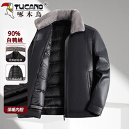 啄木鳥(niǎo)冬季羽絨服皮衣男爸爸外套冬裝加厚保暖加絨皮夾克中老年人皮棉襖 B02黑色【90%白鴨絨-可脫卸內膽毛領(lǐng)】 XL (180) 【適合116-130斤】