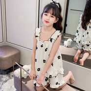 女童夏季睡衣新款中大童無(wú)袖吊帶睡裙兩件套裝小女孩可外穿家居服 杏色黑花瓣 瓊瑛5007 130 cm 建議身高130cm左右