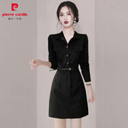 皮爾卡丹（pierre cardin）時尚小個子感襯衫連衣裙2025秋季新款女裝御姐氣質(zhì)收腰A字裙 黑色【送腰帶】 S 【建議80-95斤】