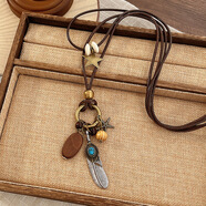 靚做民族風(fēng)波西米亞編織項鏈鎖骨鏈美拉德高級感設計感禪意女新款頸鏈 古銅色星星羽毛項鏈-約48cm