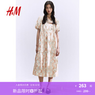 H&M女裝花卉連衣裙秋季甜美印花裙燈籠袖收腰中長(cháng)裙連身裙1244887 柔粉色/圖案 165/96 M