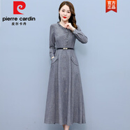 皮爾卡丹（pierre cardin）高端精致棉麻長袖連衣裙女2025新款春秋裙子?jì)寢寱r(shí)尚氣質(zhì)亞麻長裙 灰色 L