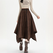 美式復古深棕色不規則鹿皮絨半身裙女冬季波西米亞荷葉邊大擺傘裙 咖色（加厚款） 均碼 80-150斤