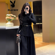 花花公子（PLAYBOY）氣質(zhì)感小香風(fēng)針織連衣裙女春秋冬大碼顯瘦歐貨毛衣兩件套裝裙 黑色套裝+贈腰帶歐貨歐洲站潮牌/歐貨胖mm大碼女官方旗 S 【80-90斤】