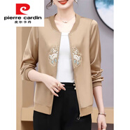 皮爾卡丹（pierre cardin）女士秋薄款刺繡短外套時(shí)尚洋氣緞面夾克衫國(guó)風(fēng)休閑百搭長(zhǎng)袖上衣 卡其 2402 XL 建議85-105斤