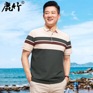鹿竹爸爸短袖t恤絲光棉新款中年男士條紋翻領(lǐng)Polo衫中老年人男裝 軍綠【絲光棉面料】 均碼 180XL【155斤-175斤】