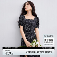 尚都比拉法式連衣裙女夏季方領(lǐng)堆堆袖復(fù)古波點抽褶開叉A字裙 黑底白點 S
