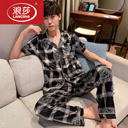 浪莎（LangSha）輕奢夏季加大碼冰感睡衣男士加肥斤寬松短袖真絲綢薄款家居服套 短長(cháng)-7222美杜莎 6XL 男（220-260斤）
