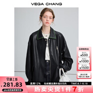 VEGA CHANG黑色皮衣女2025春秋寬松顯瘦機車(chē)風(fēng)pu皮短外套 松綠黑 L