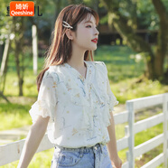 婍妡短袖雪紡上衣女新款雪紡衫2025夏季時(shí)尚小衫碎花荷葉邊v領(lǐng)上衣 圖片色 S (有里布85-95斤)