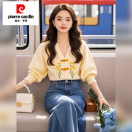 皮爾卡丹新中式國風(fēng)盤(pán)扣重工刺繡V領(lǐng)泡泡袖毛衣針織衫秋冬溫柔穿搭上衣女 上衣 M