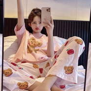 浪莎短袖七分長褲睡衣套裝女生春夏秋季甜美可愛薄款舒適休閑家居服 CP-櫻桃熊 M80-95斤(150-155cm) 均碼