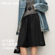 Henny Rue半身裙女褶皺蓬蓬中裙早秋新款韓版學(xué)院風(fēng)高腰顯瘦a字五分裙 深邃黑 均碼