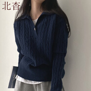 北杳大碼小香風(fēng)polo領(lǐng)毛衣女裝秋冬慵懶復(fù)古麻花針織衫套頭色上衣 寶藍(lán)色 M 建議80-100斤