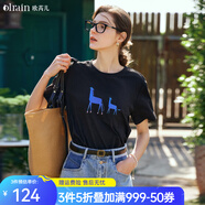 Olrain歐芮兒黑色短袖T恤女夏季新款精致繡花寬松百搭上衣 黑色 M