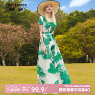 帝弗·潤馳長(cháng)款連衣裙2025新款女復古刺繡歐根紗綠色長(cháng)裙夏天過(guò)膝裙 綠色 M