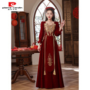 皮爾卡丹（pierre cardin）大碼敬酒服新娘結(jié)婚回門服定親酒紅色長袖絲絨訂婚連衣裙禮服女冬 酒紅色068 S (胸圍80，腰圍63) (90斤—100斤）