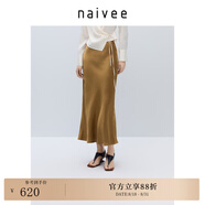 納薇（naivee）【100%醋酸】商場(chǎng)同款25夏流光中長(cháng)半身裙松緊腰 金色 L