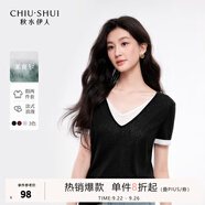 秋水伊人通勤簡約撞色V領(lǐng)T恤2025年夏季新款女百搭H型假兩件上衣 黑色 XL