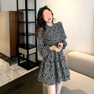 皮爾卡丹高腰長(cháng)袖復古碎花連衣裙女春秋荷葉邊大碼A字短裙 圖片色 XL