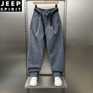 JEEP SPIRIT秋冬加絨純色條絨彎刀褲男寬松個(gè)性腰帶直筒休閑褲美式復古長(cháng)褲男 灰色 4XL 180-205